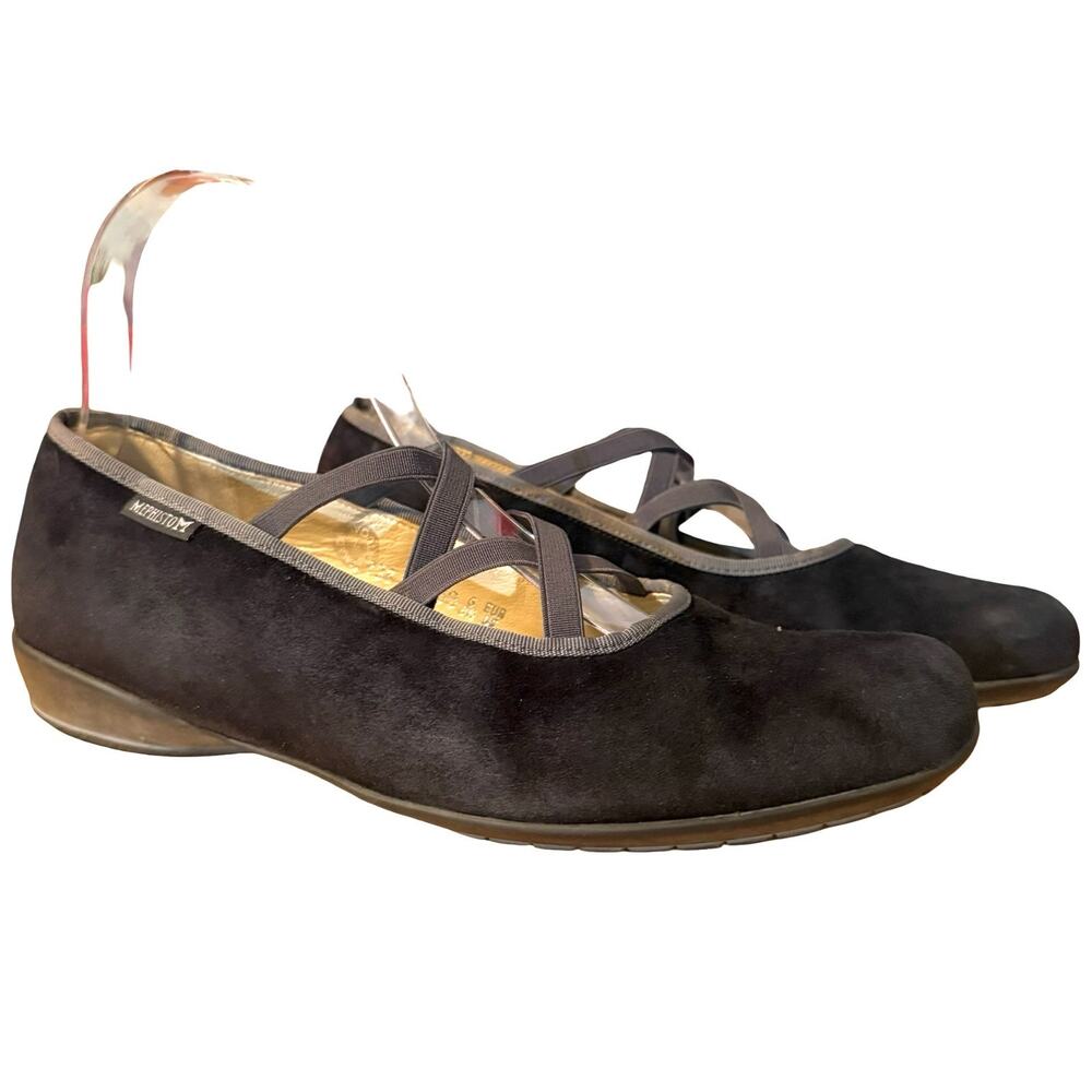 Mephisto Air-Relax Black Suede Mary Jane Criss Cross Strap Flats Shoes sz 8.5